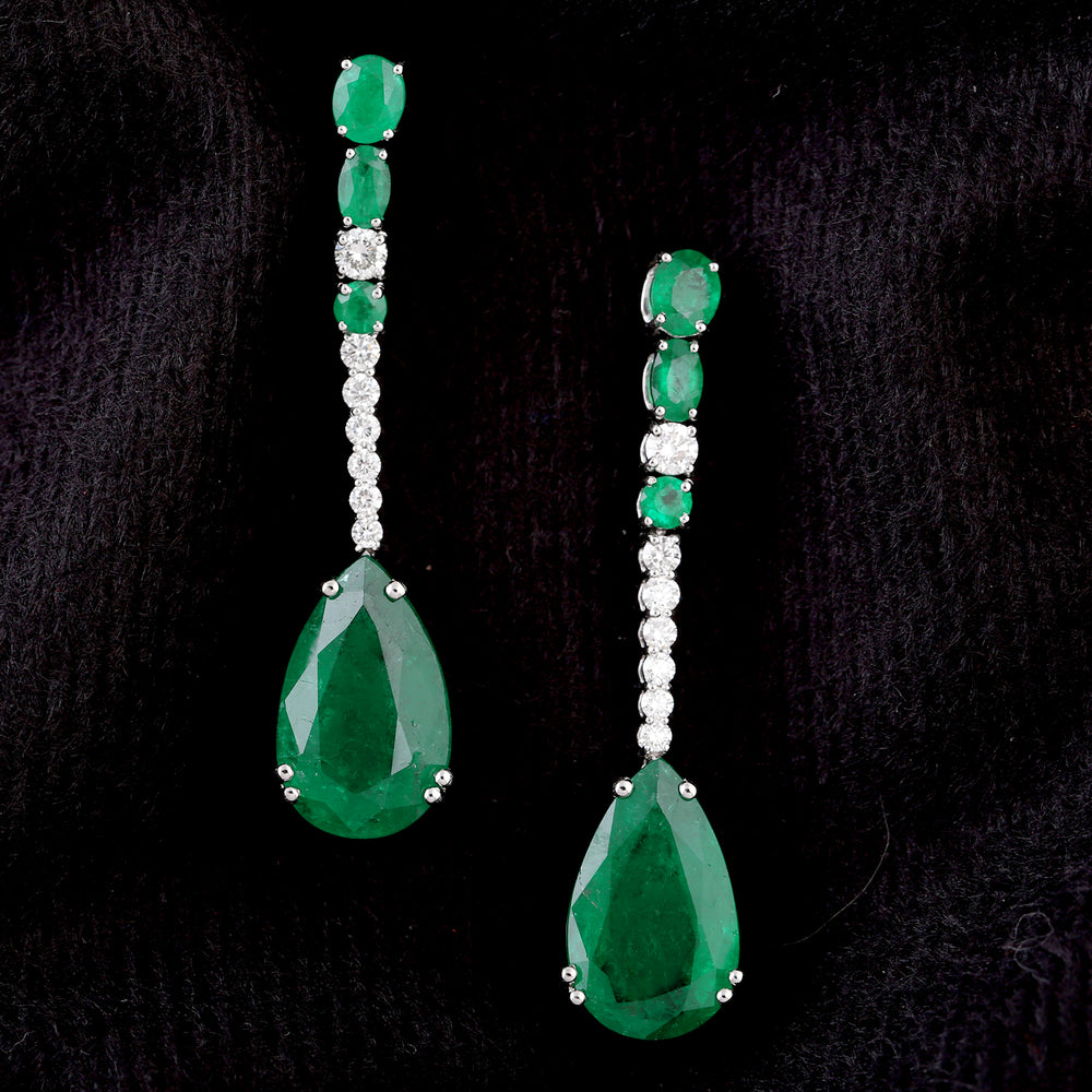 Natural Emerald Pave Diamond Long Drop Dangle Earrings In 18k White Gold