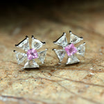 Trillion Sapphire Pave Diamond Daisy Stud Earrings in 18k White Gold