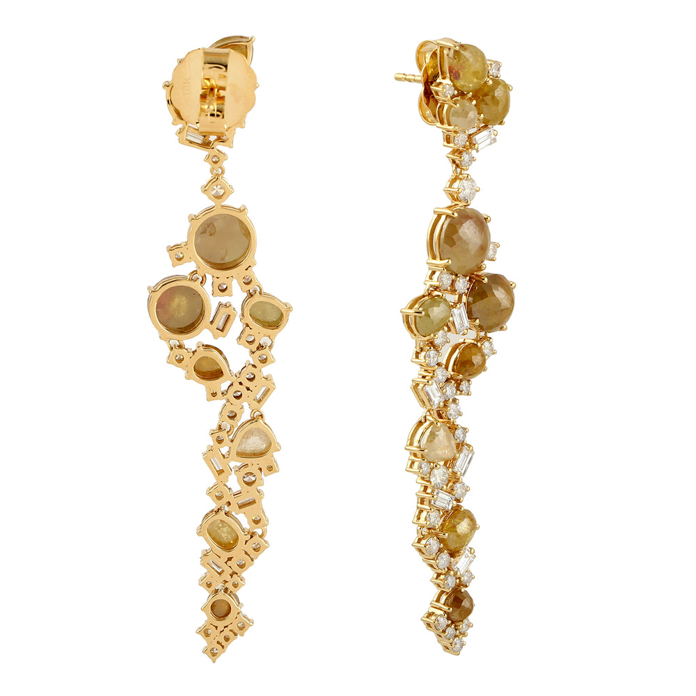 18k Yellow Gold Ice Diamond Designer Dangle Earrings Handmade Jewelry