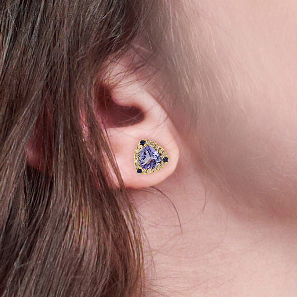 Natural Tanzanite ,Diamond Trillion Stud Earrings In 14k Yellow Gold