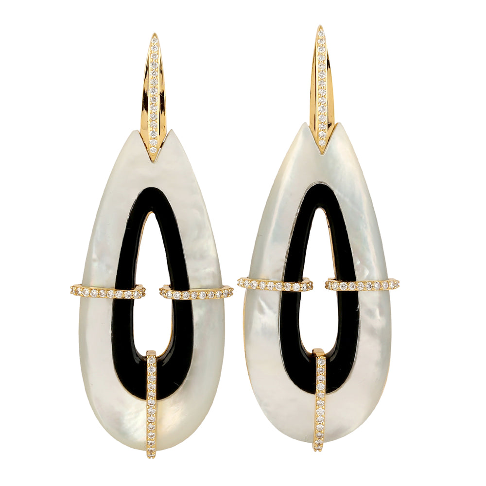 Carved MOP Onyx Pave Diamond 18k Yellow Gold Drop Danglers For Her