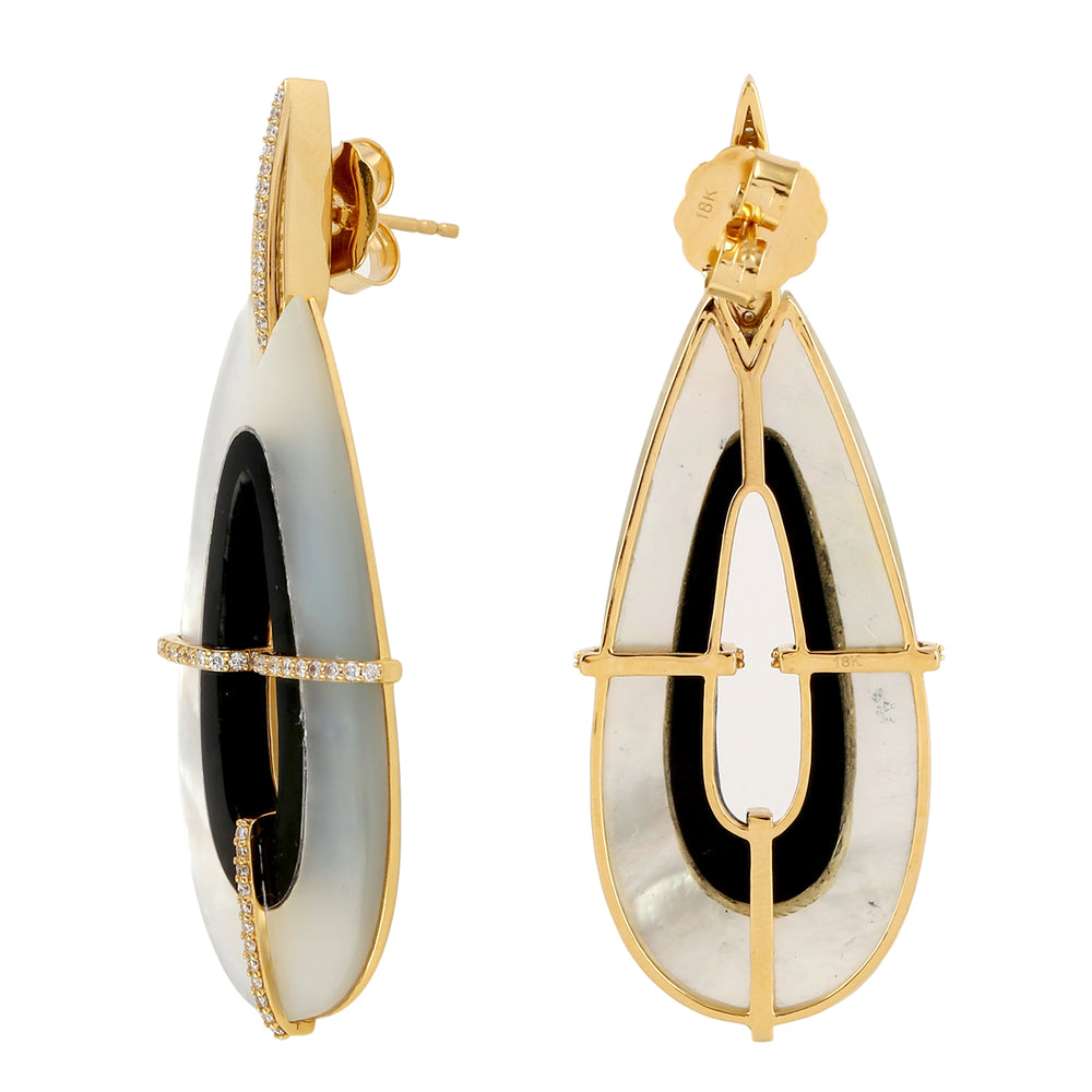 Carved MOP Onyx Pave Diamond 18k Yellow Gold Drop Danglers For Her