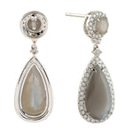 Moonstone Pave Diamond Tear Drop Dangle Earrings In 18k White Gold