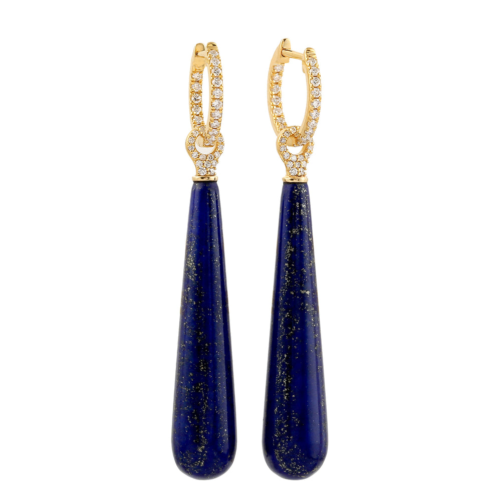 Solid 18k Yellow Gold Lapis Pave Diamond Drop Danglers