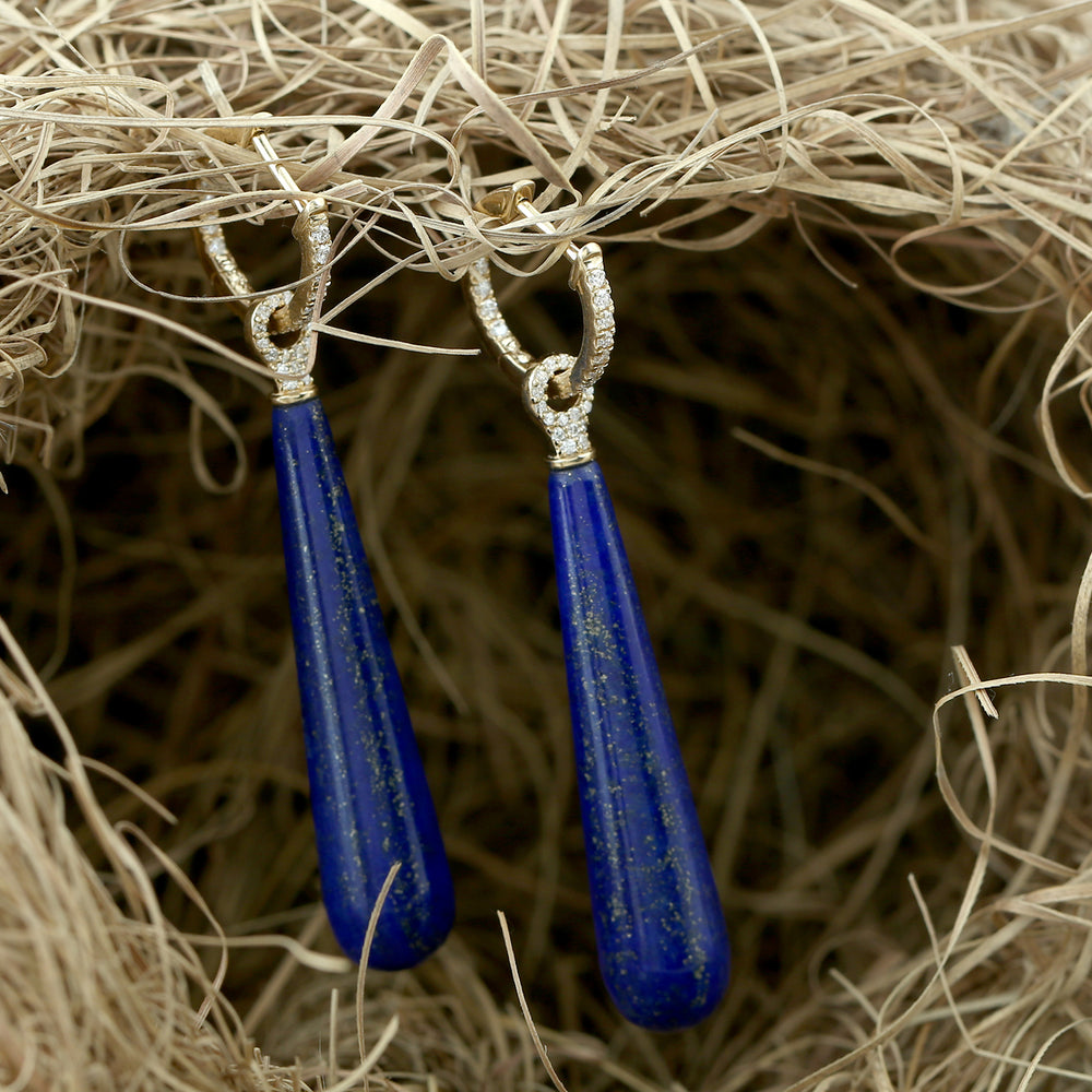 Solid 18k Yellow Gold Lapis Pave Diamond Drop Danglers