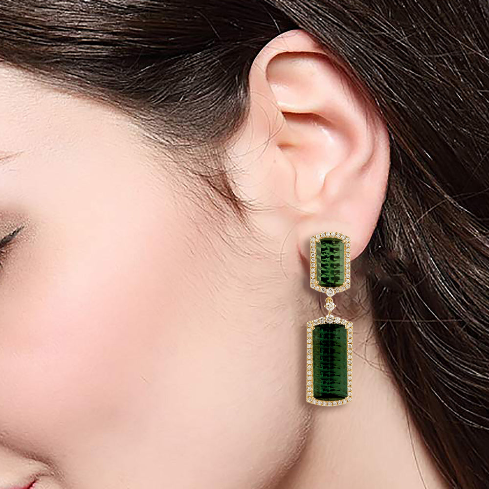 Beautiful Green Tourmaline Pave Diamond Designer Dangle Earrings In 18k Yellow Gold