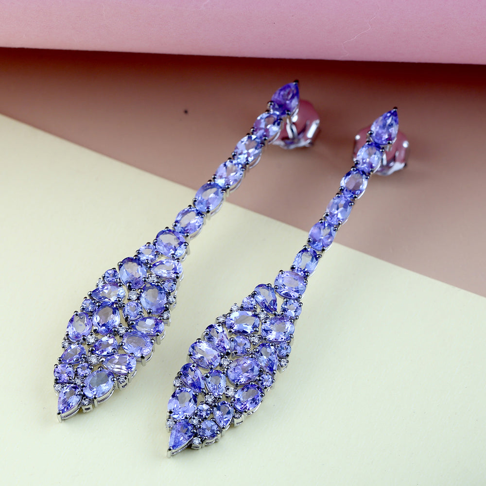 Beautiful Blue Tanzanite & Pave Diamond Danglers in 18k White Gold