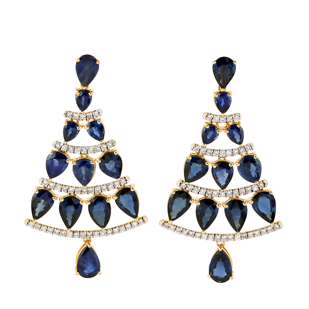 Pear Cut Sapphire & Pave Diamond 18k Gold Designer Danglers For Her