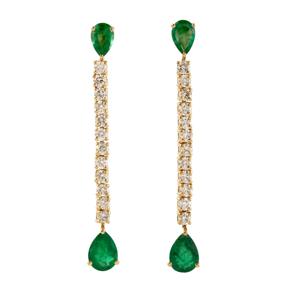 Pear Cut Emerald May Birthstone Diamond Drop Danglers In 18k Yellow Gold