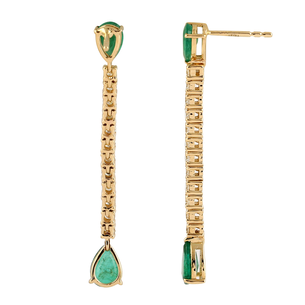 Pear Cut Emerald May Birthstone Diamond Drop Danglers In 18k Yellow Gold