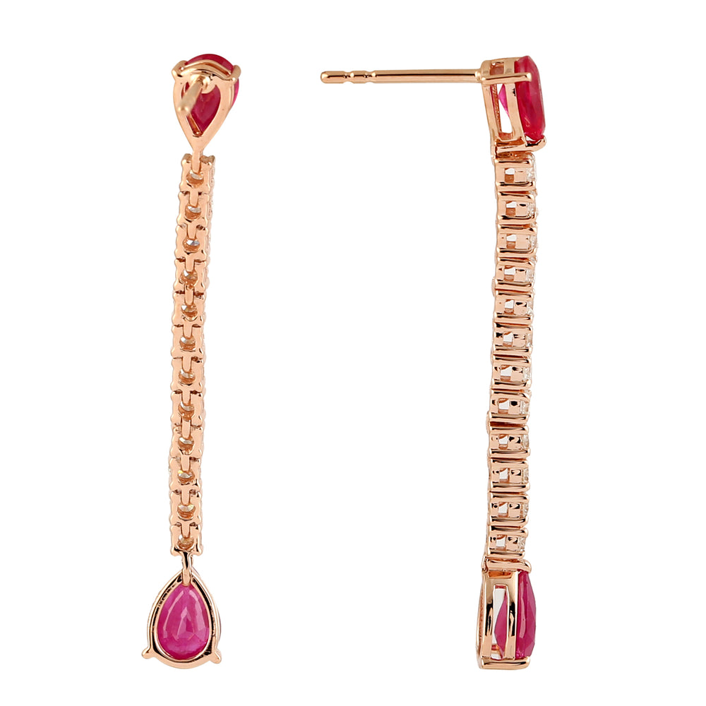 Pear Cut Ruby July Birthstone Pave Diamond Bar Drop Danglers In 18k Yellow Gold