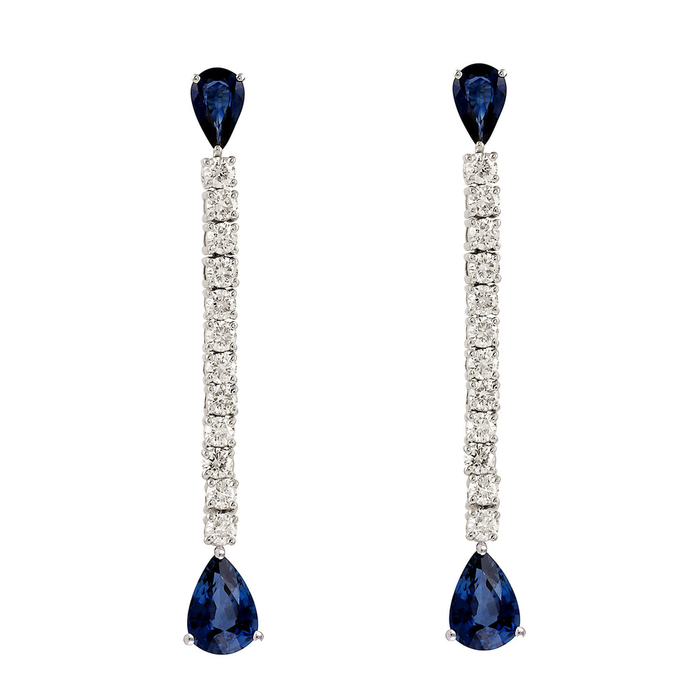 Pear Cut Blue Sapphire Precious Gemstone Diamond Bar Drop Danglers In 18k White Gold