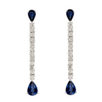 Pear Cut Blue Sapphire Precious Gemstone Diamond Bar Drop Danglers In 18k White Gold