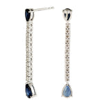 Pear Cut Blue Sapphire Precious Gemstone Diamond Bar Drop Danglers In 18k White Gold