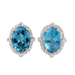 Blue Zirconia & Pave Diamond Oval Stud Earrings In 18k White Gold For Her