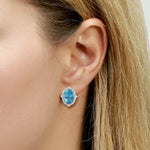 Blue Zirconia & Pave Diamond Oval Stud Earrings In 18k White Gold For Her