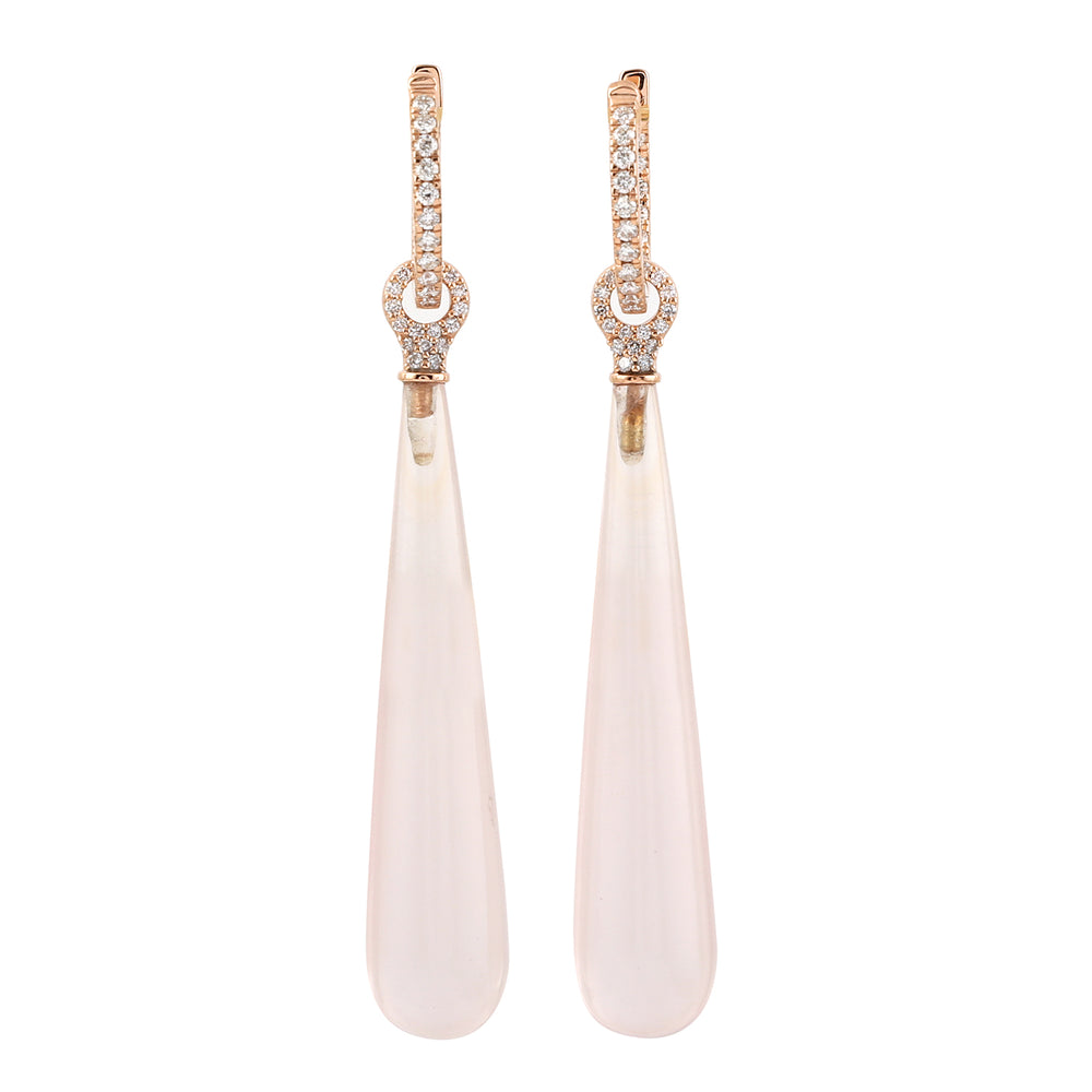 Pink Quartz Pave Diamond Danglers In 18k Rose Gold For Women