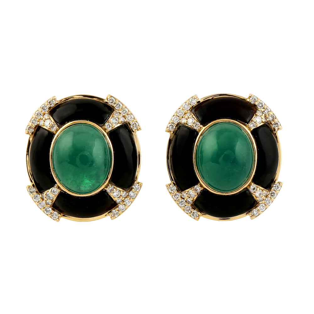 Natural Emerald Diamond Enamel Stud Earrings in 18k Gold Gift