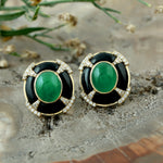 Natural Emerald Diamond Enamel Stud Earrings in 18k Gold Gift