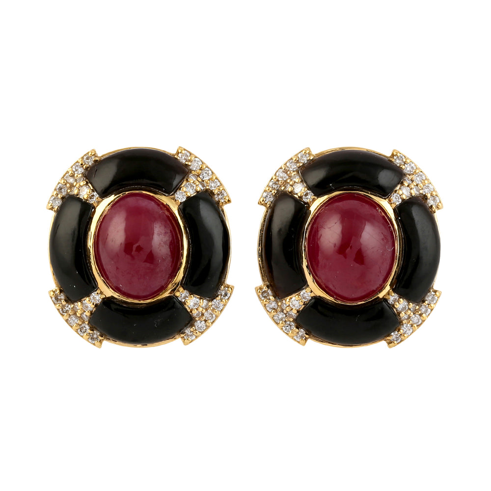 Natural Ruby Diamond Enamel Stud Earrings in 18k Gold Gift