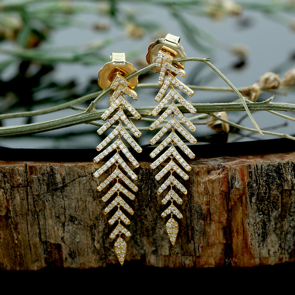 Natural Diamond Pave Leaf Design Danglers In 18k Yellow Gold For Her