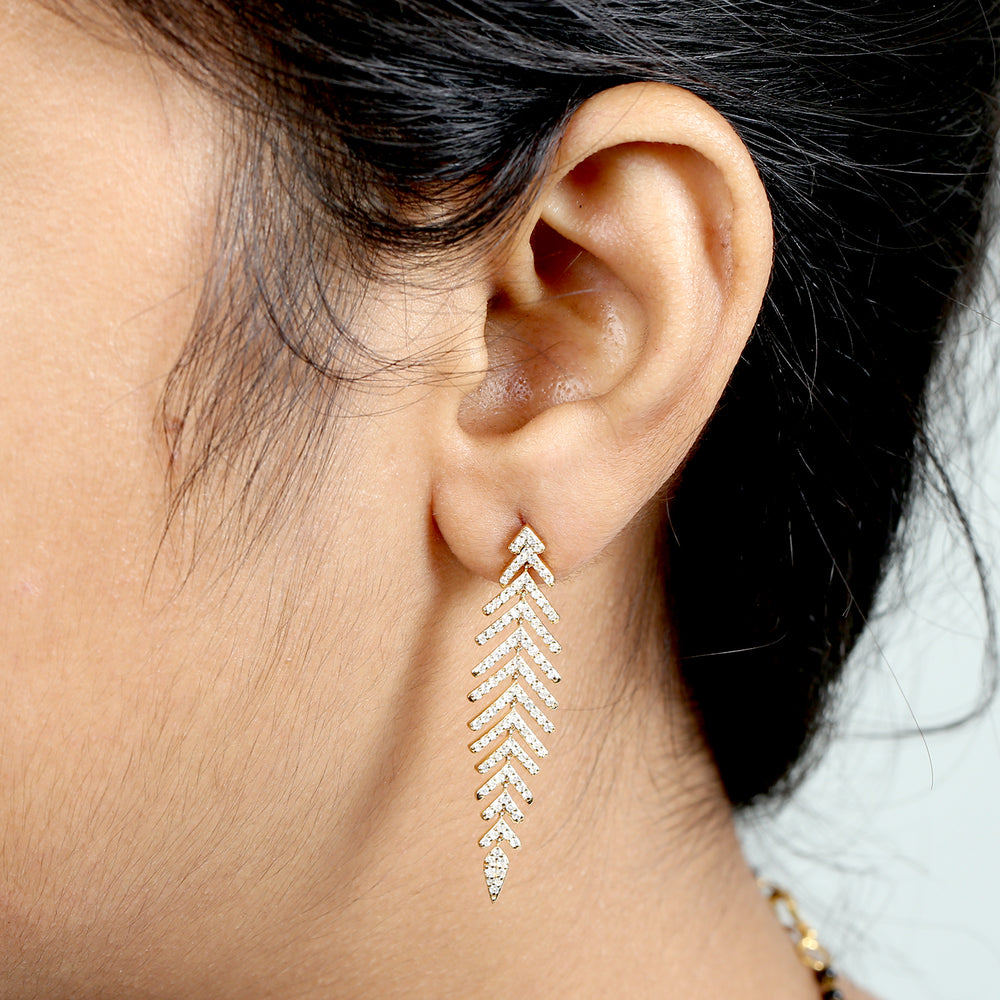 Natural Diamond Pave Leaf Design Danglers In 18k Yellow Gold For Her