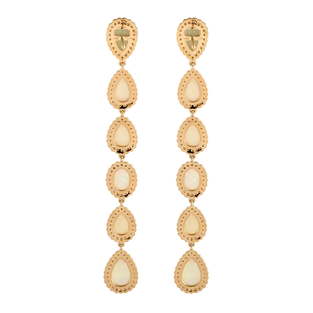 Pear Cut Opal Ethiopian Long Drop Pave Diamond Danglers in 18k Yellow Gold