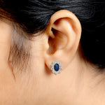 Oval Sapphire Natural Diamond Stud Wedding Gift In 18k White Gold