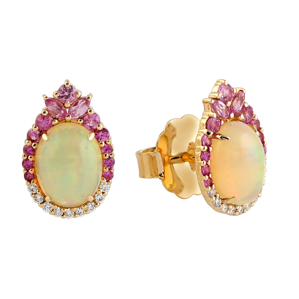 Solid 18k Yellow Gold Opal Ethopian  Sapphire Diamond Stud Earrings