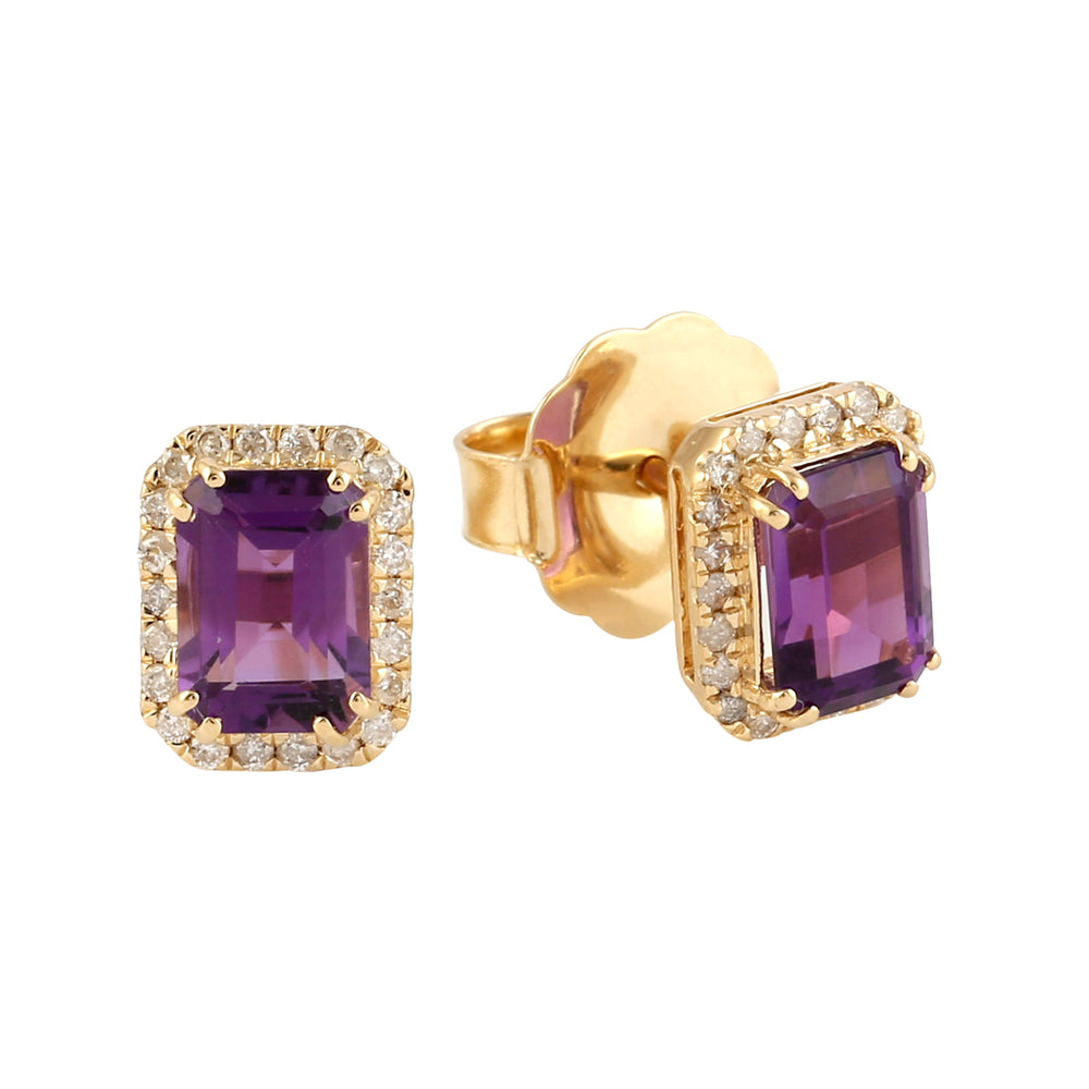 Emerald Cut Amethyst Pave Diamond 18k Solid Yellow Gold Stud Earrings