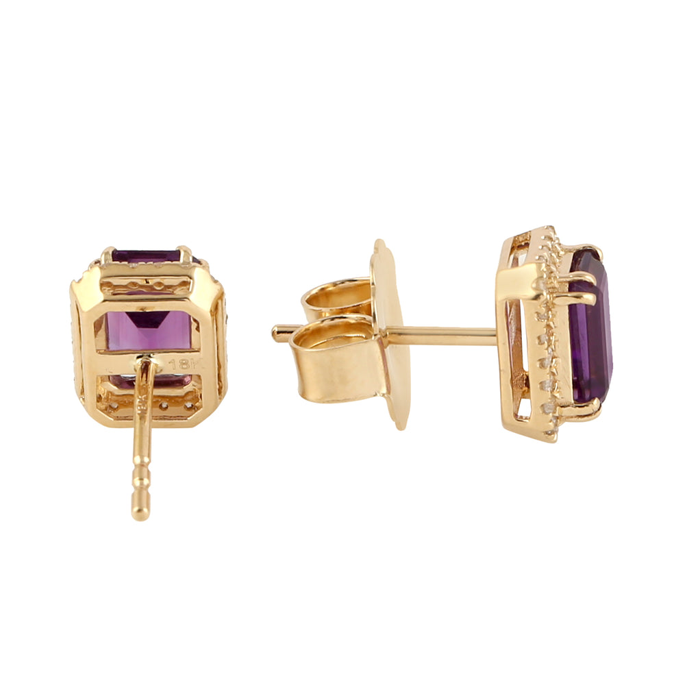 Emerald Cut Amethyst Pave Diamond 18k Solid Yellow Gold Stud Earrings