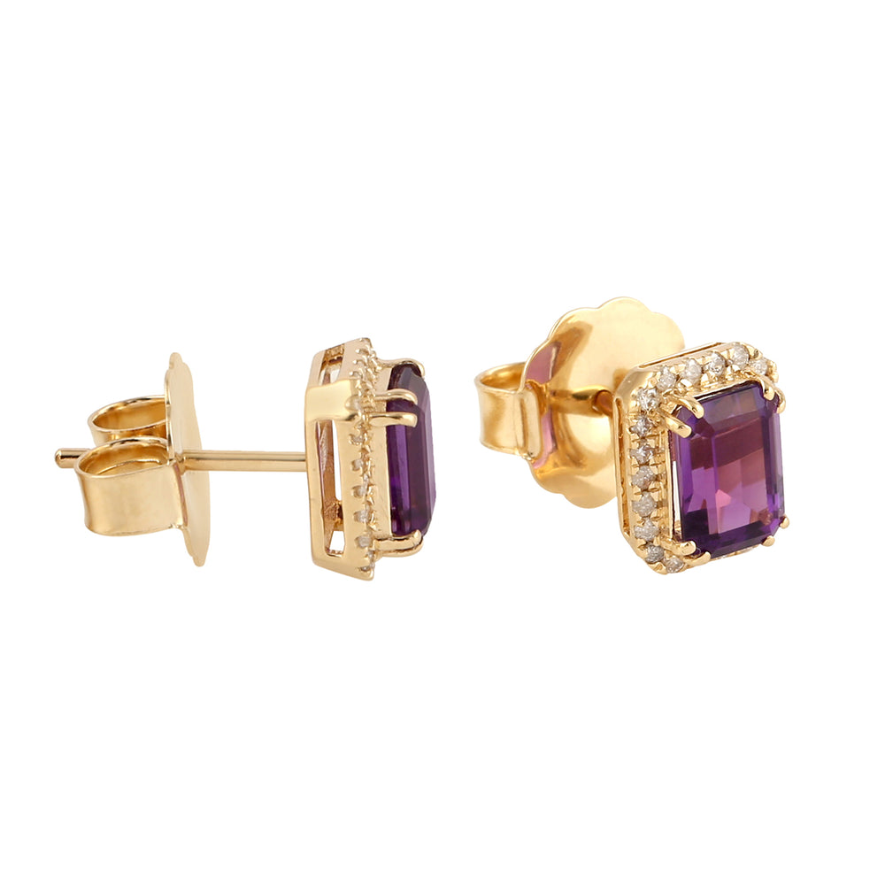 Emerald Cut Amethyst Pave Diamond 18k Solid Yellow Gold Stud Earrings