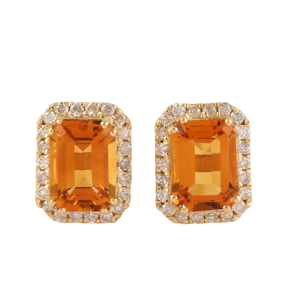 Emerald Cut Citrine Pave Diamond 18k Solid Yellow Gold Stud Earrings