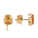 Emerald Cut Citrine Pave Diamond 18k Solid Yellow Gold Stud Earrings