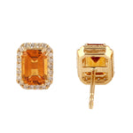 Emerald Cut Citrine Pave Diamond 18k Solid Yellow Gold Stud Earrings