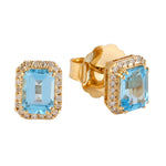 Emerald Cut Topaz Pave Diamond 18k Solid Yellow Gold Stud Earrings