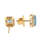 Emerald Cut Topaz Pave Diamond 18k Solid Yellow Gold Stud Earrings