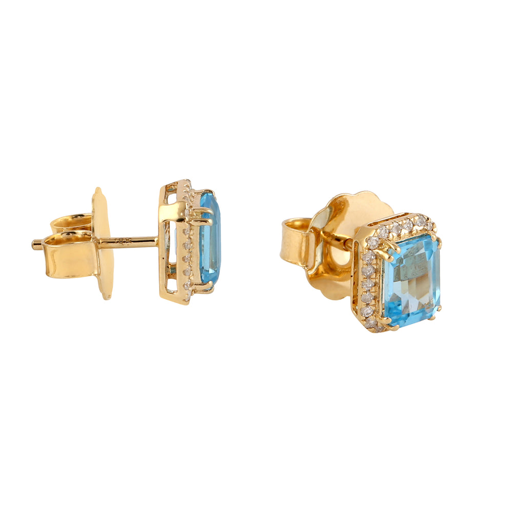 Emerald Cut Topaz Pave Diamond 18k Solid Yellow Gold Stud Earrings