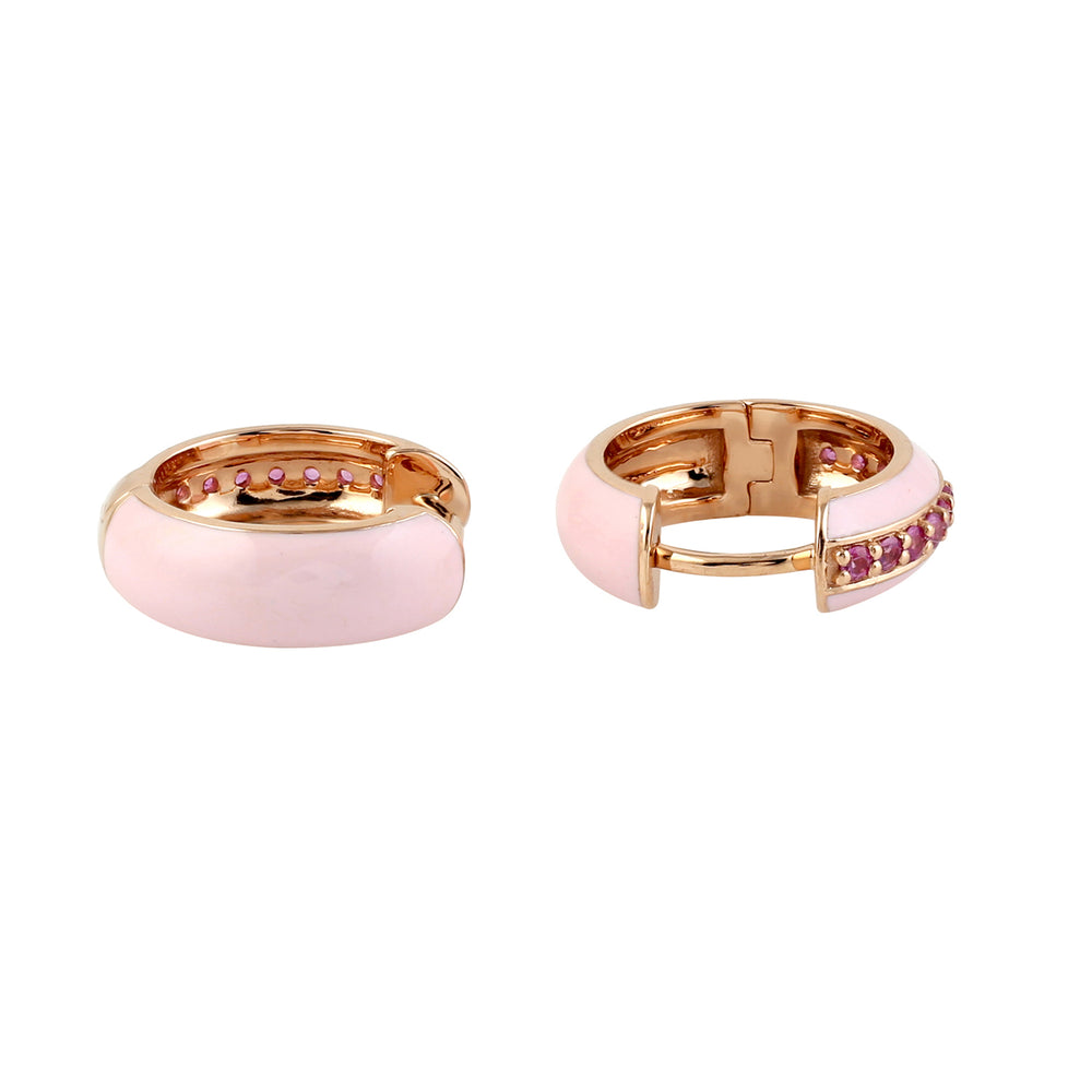 Natural Pink Sapphire Enamel Huggie Earrings In 14k Gold