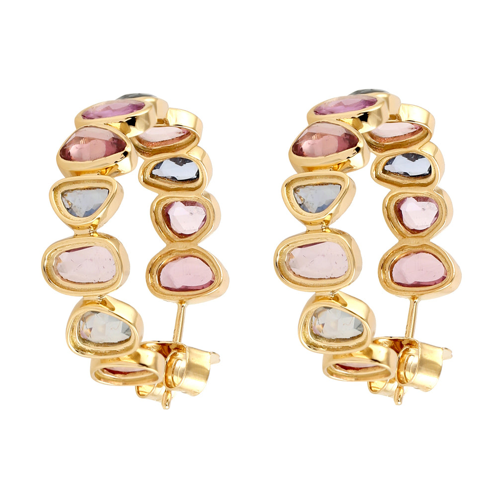 Solid 18k Yellow Gold Multicolor Sapphire Hoop Earrings