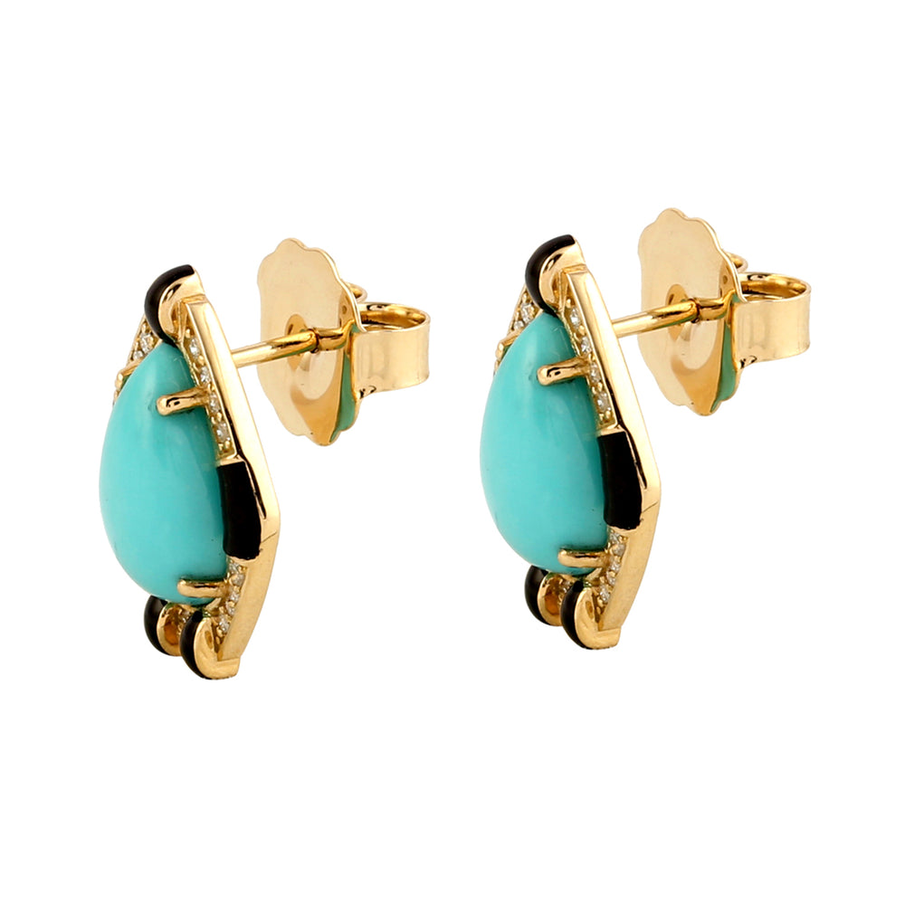 Pave Diamond Pear Cut Turquoise Enamel Stud Earrings In 18k Yellow Gold