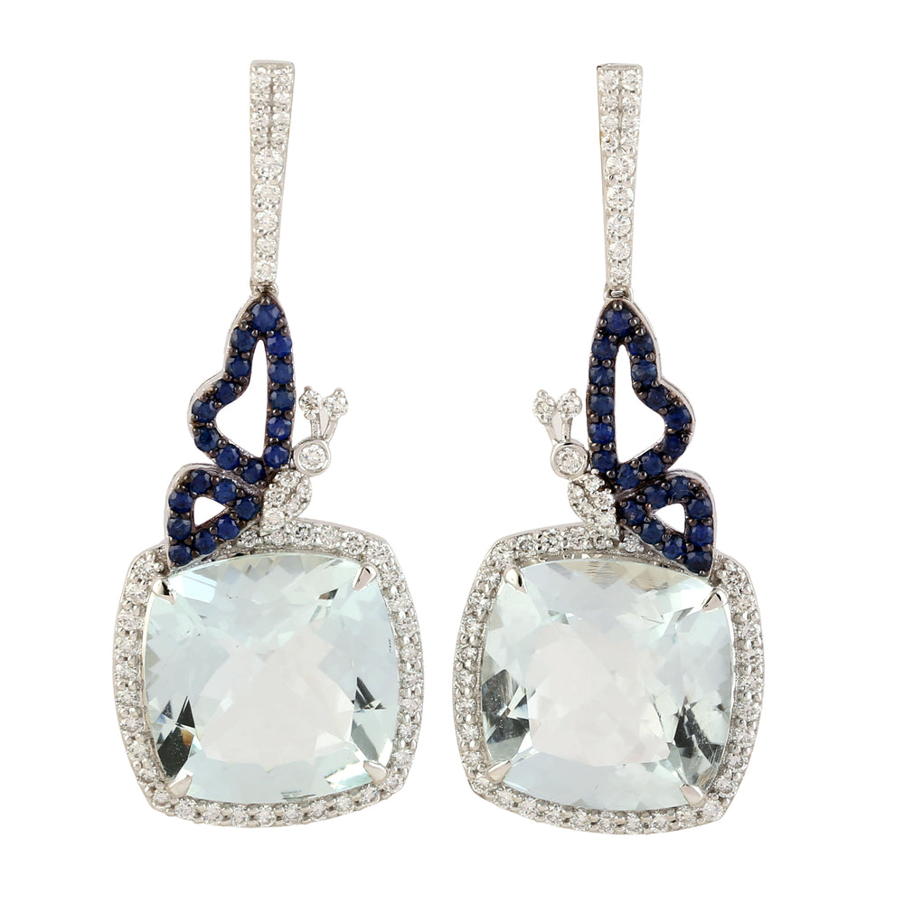 18k White Gold Cushion Aquamarine Blue Sapphire Pave Diamond Butterfly Danglers