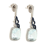 18k White Gold Cushion Aquamarine Blue Sapphire Pave Diamond Butterfly Danglers