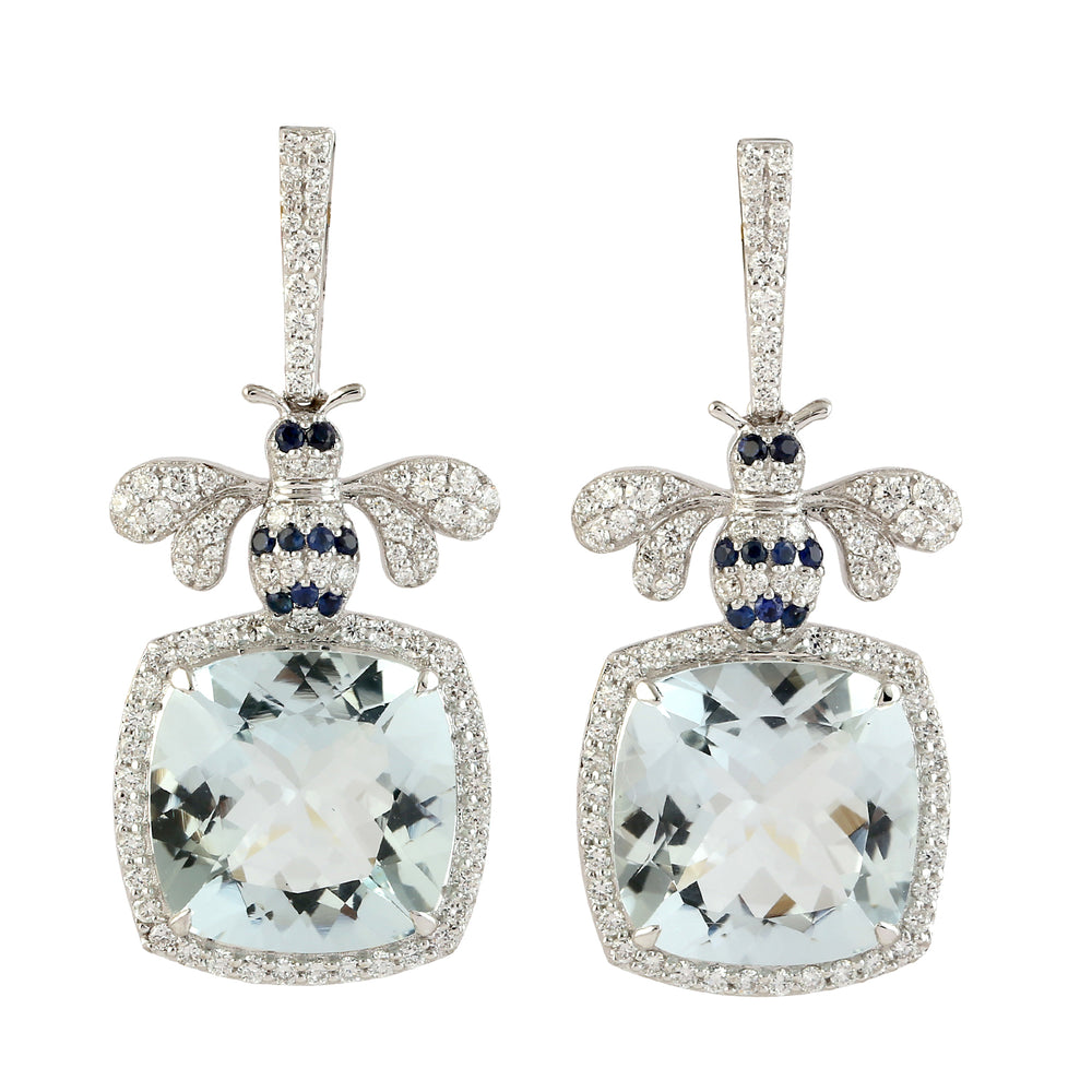 Beautiful Aquamarine Blue Sapphire Pave Diamond Dragonfly Danglers in 18k White Gold