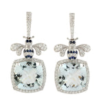 Beautiful Aquamarine Blue Sapphire Pave Diamond Dragonfly Danglers in 18k White Gold