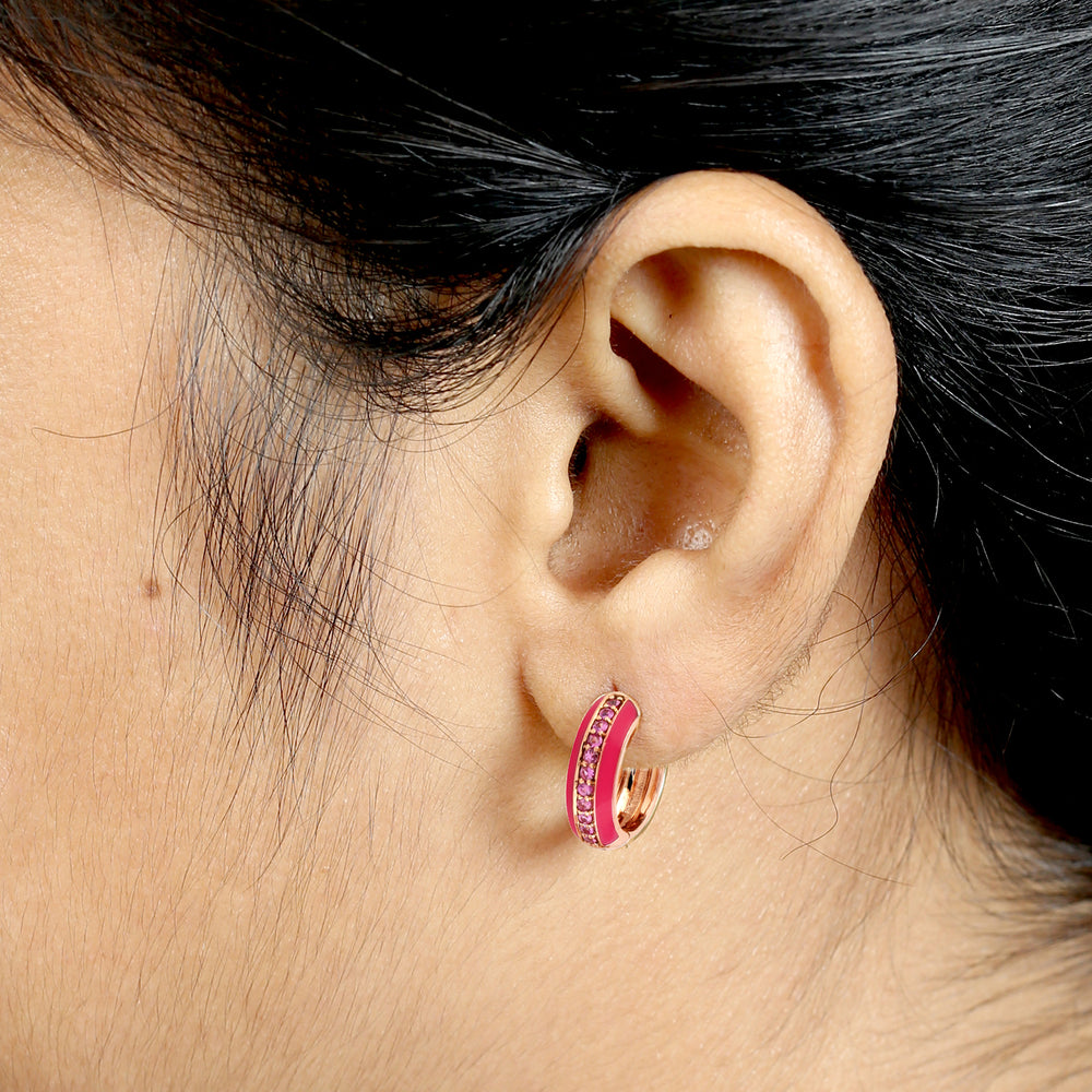 Pink Sapphire September Birthstone Enamel Hoop Earrings in 18k Rose Gold