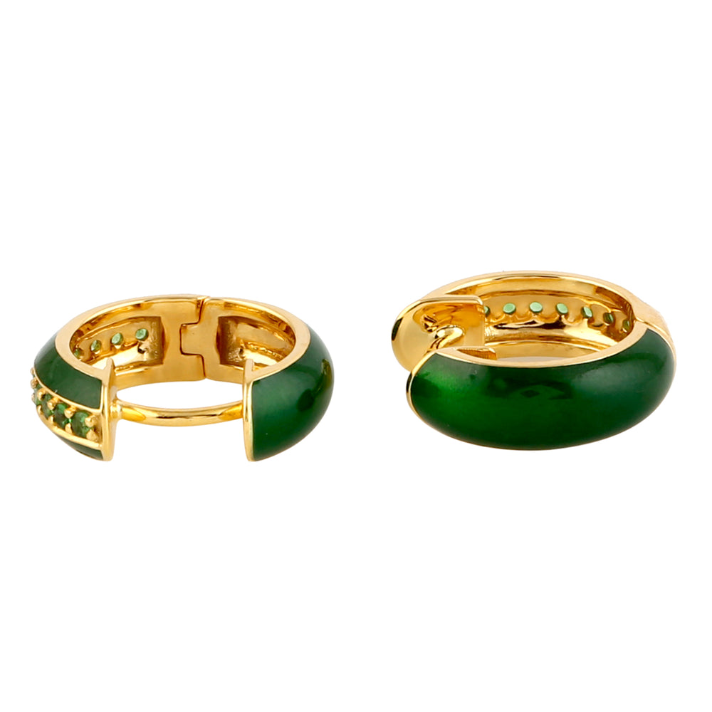 Natural Tsavorite Enamel Hoop Earrings For Her 18k Yellow Gold