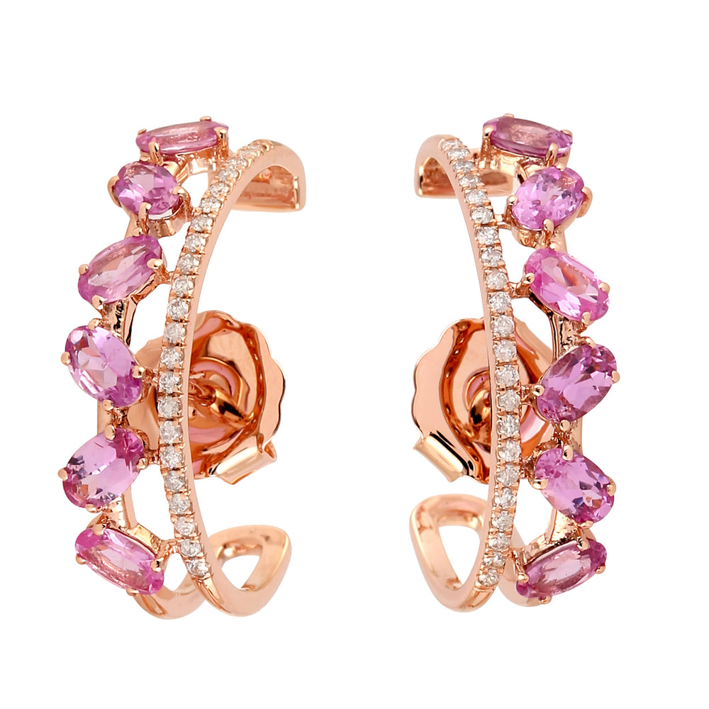 Natural Pink Sapphire Diamond 18k Rose Gold Half Hoop Earrings