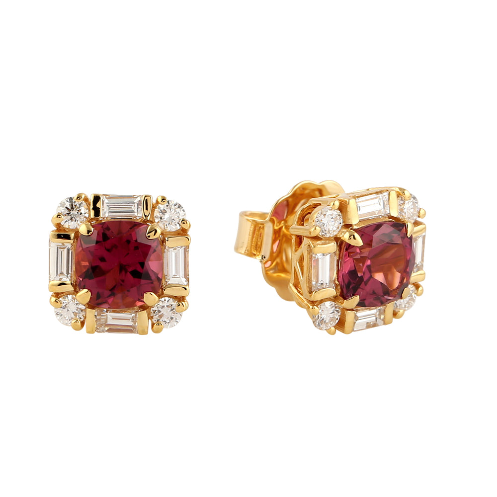 Pink Tourmaline Pave Diamond Stud Earrings In 18k Yellow Gold For Her