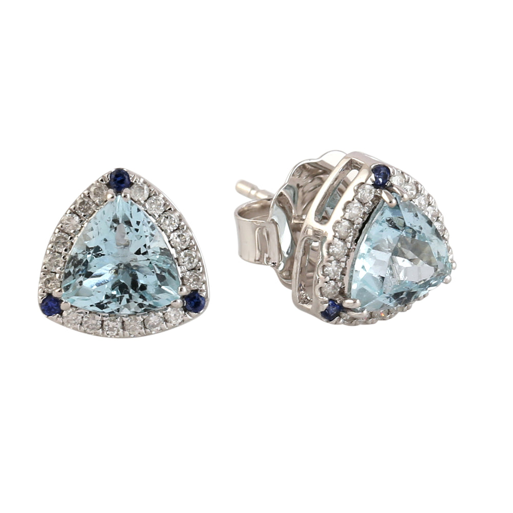 Aquamarine Sapphire Diamond Trillion Earrings in 18k White Gold